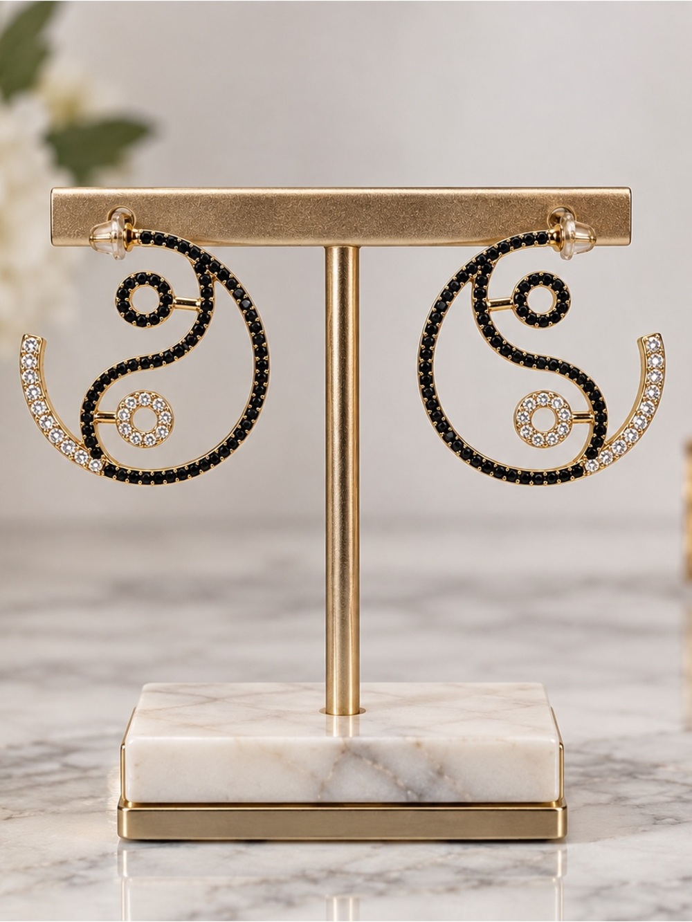 Gold Hoops with Black and Silver Stones - Picture 1 of 2